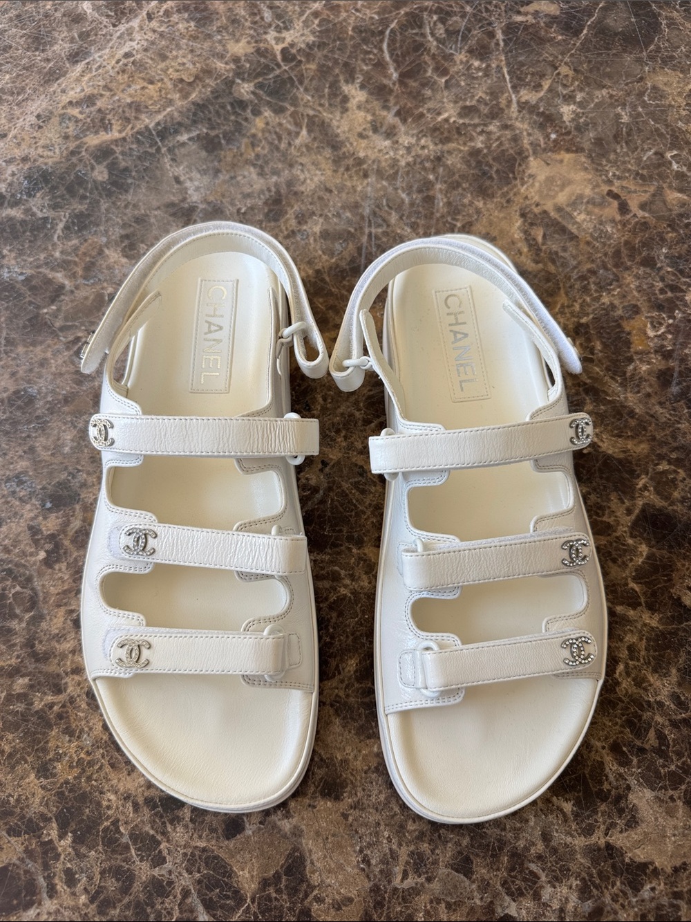 Chanel 24s white sandals flats slippers silver logo sz 41